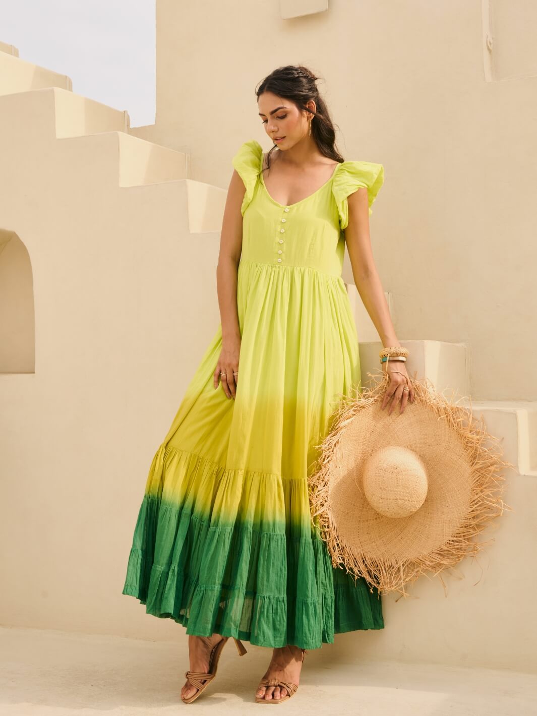 Lime Green Cotton Voile Ombre Flared Maxi Dress MoonTara Lime Green Cotton Voile Ombre Flared Maxi Dress MoonTara