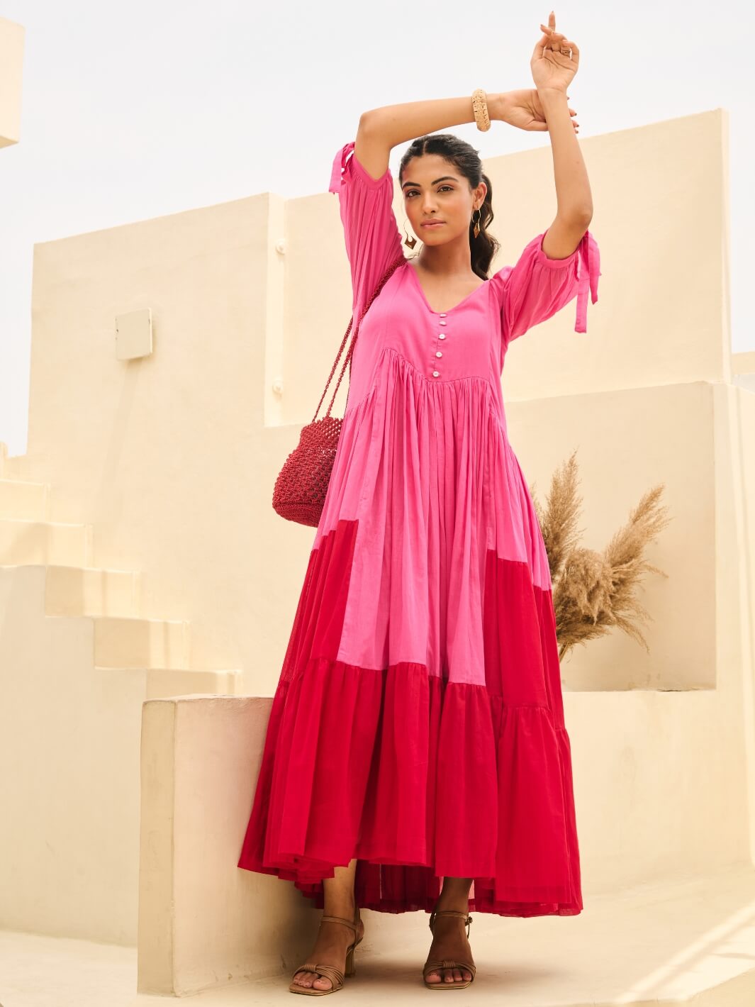 Pink Red Cotton Voile Flared Maxi with Balloon Sleeves