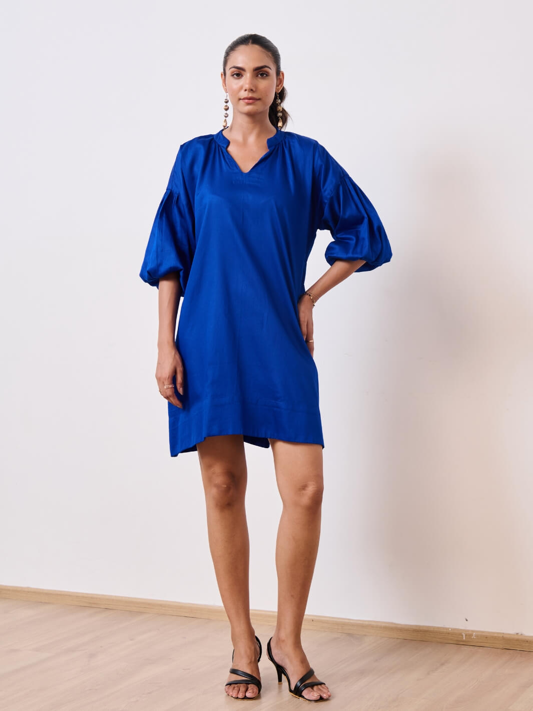 Blue Cotton Satin Short Party Dress with Balloon Sleeves MoonTara Blue Cotton Satin Short Party Dress with Balloon Sleeves MoonTara