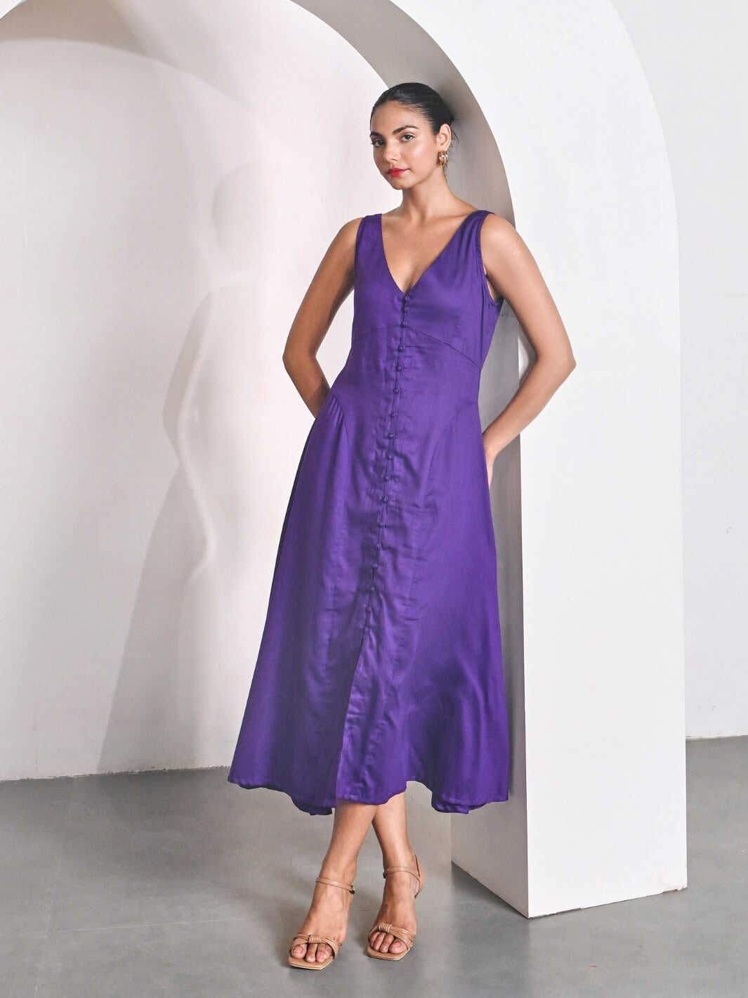 Purple Cotton Satin Sleeveless Party Dress - Main Image