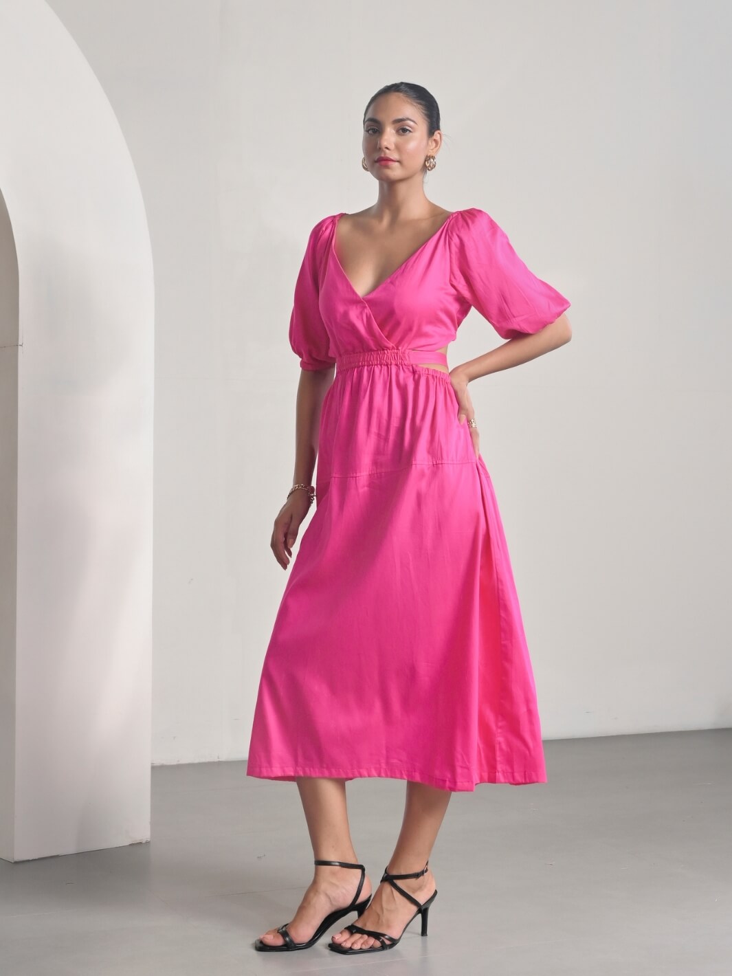 Pink Cotton Satin Deep-V Bareback Party Dress