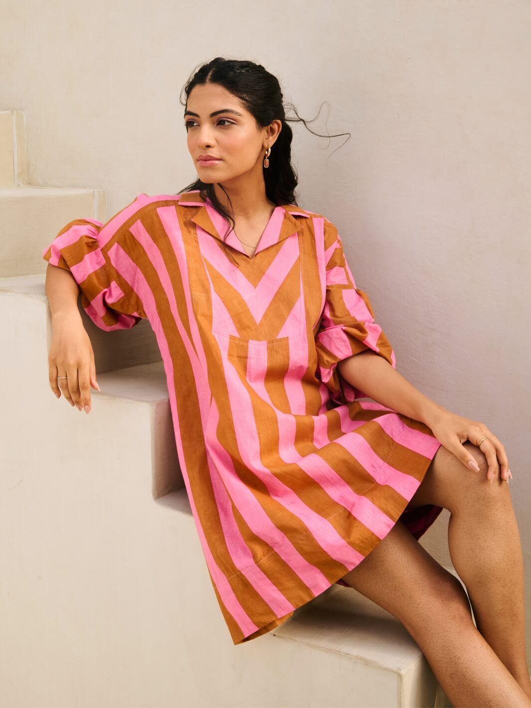 Pale Pink Striped Printed Short Dress with Collar Neck – MoonTara