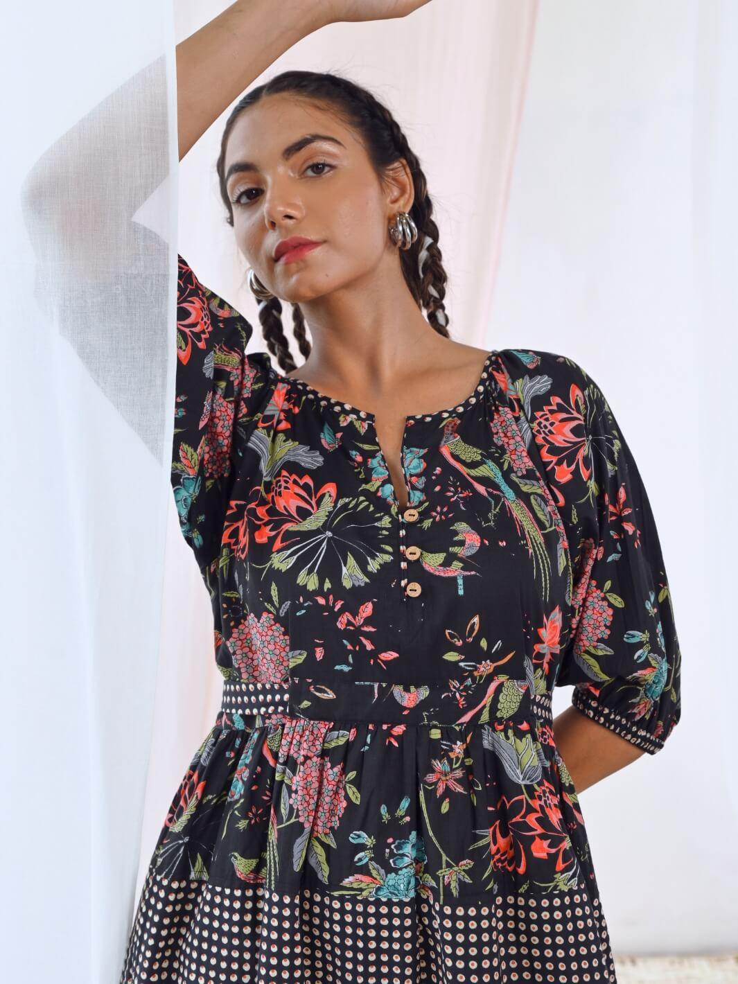 Black Cotton Printed Long Dress with Balloon Sleeves – MoonTara