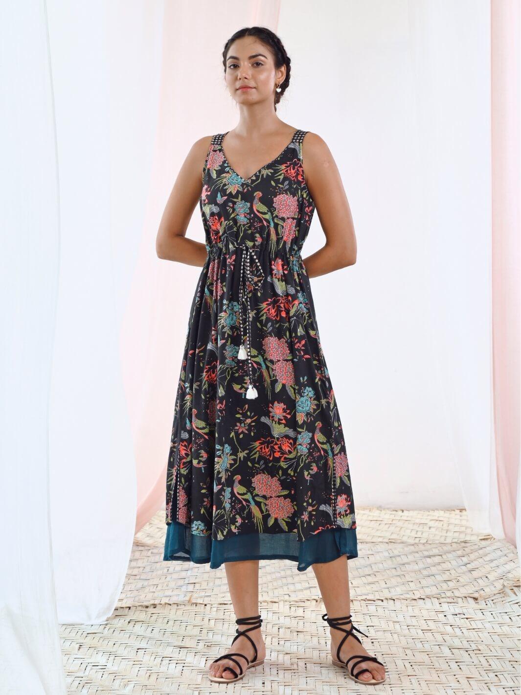 Black Cotton Printed V-Neck Floral Slip Dress - Main Image