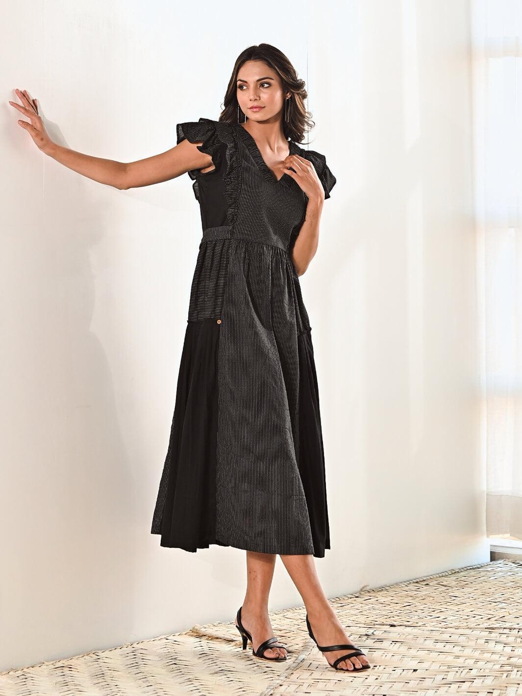 Black Cotton V neck Long Dress with Belt MoonTara Black Cotton V neck Long Dress with Belt MoonTara