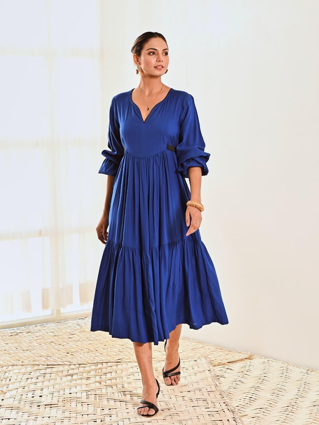 Blue Cotton Maxi Long Dress with Belt – MoonTara