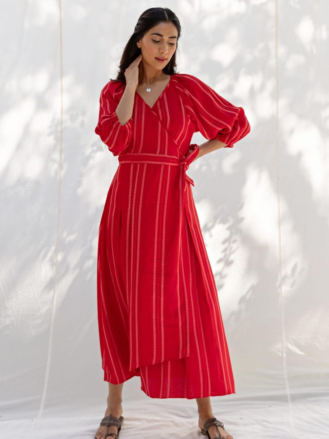 Cherry Red Cotton Maxi Wrap Dress