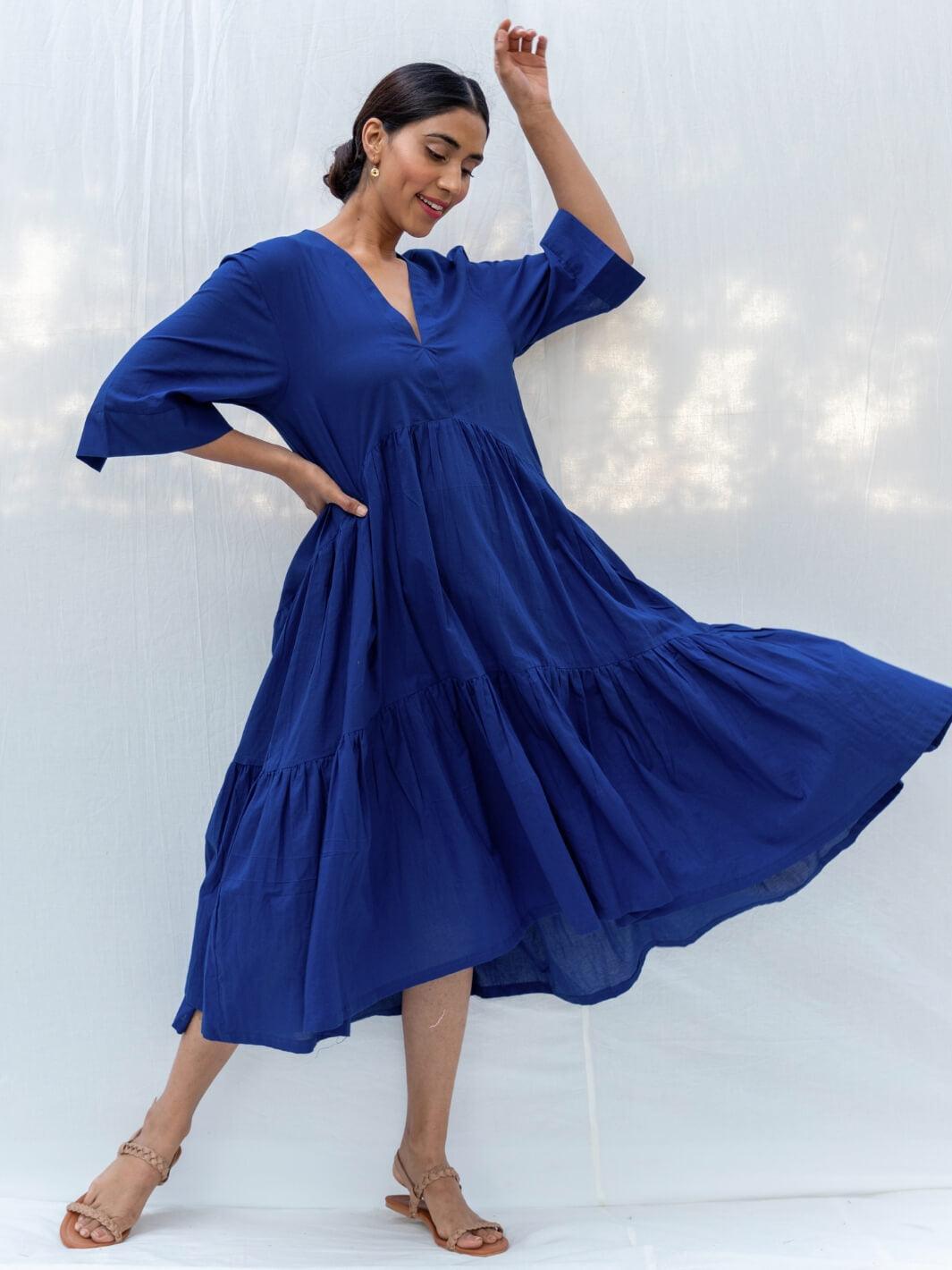 Deep Blue Flared Long Cotton Maxi Dress