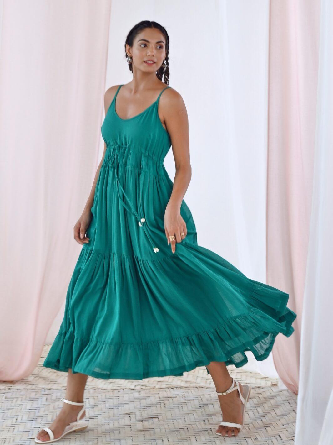 Green Cotton Voile Flared Maxi Dress MoonTara Green Cotton Voile Flared Maxi Dress MoonTara
