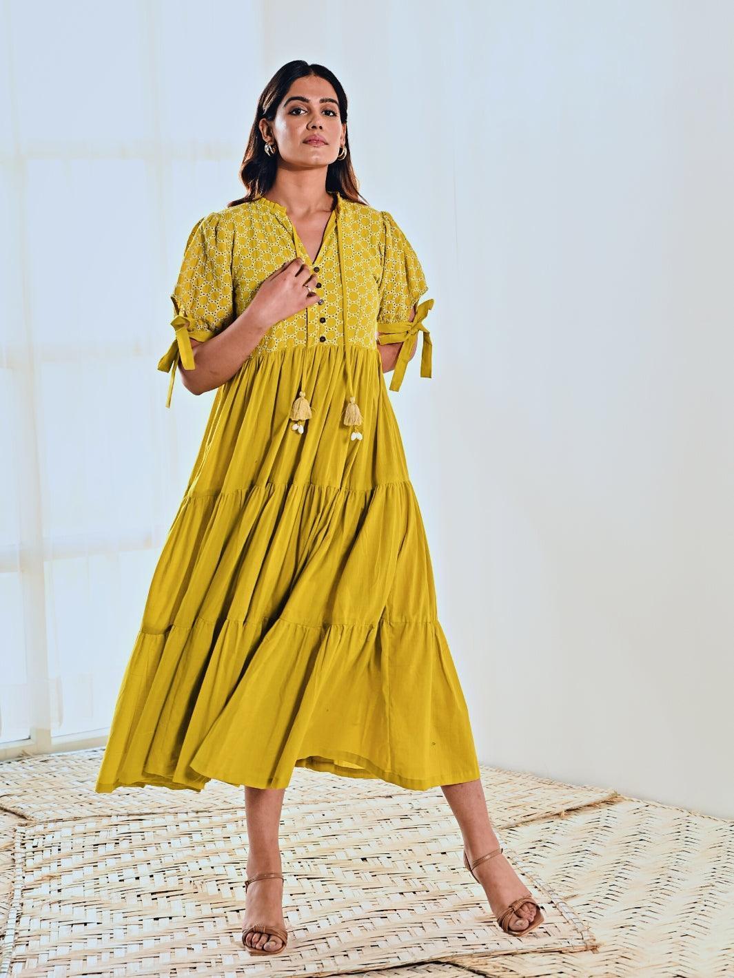 Lemon Cotton Embroidered Maxi Long Dress