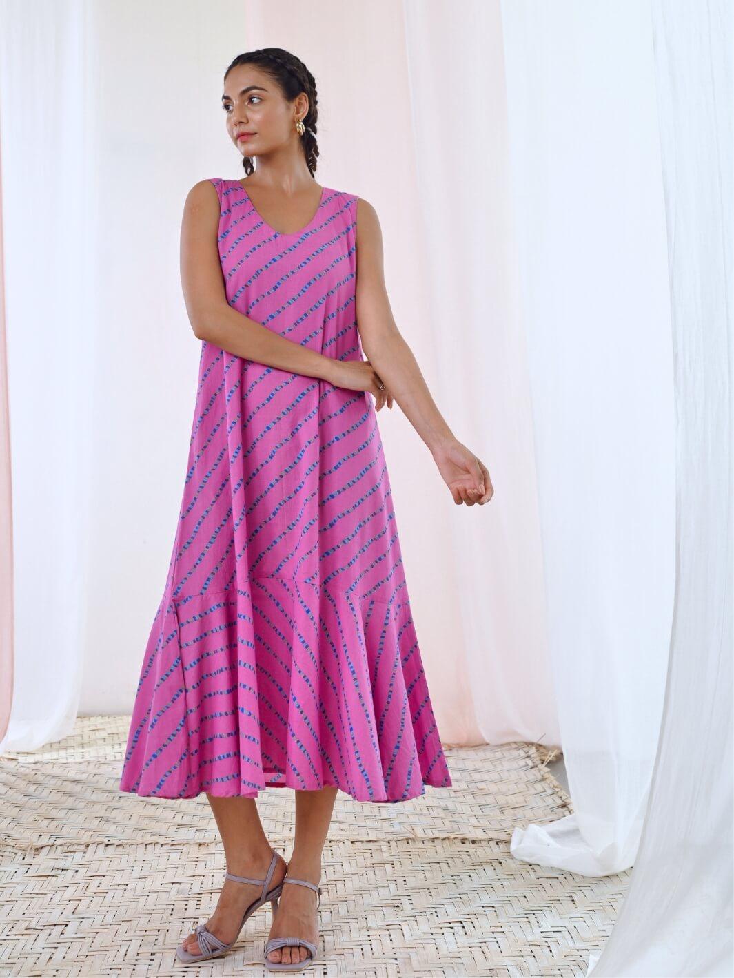 Pink A-Line Printed Sleeveless Cotton Dress Pink A-Line Printed Sleeveless Cotton Dress