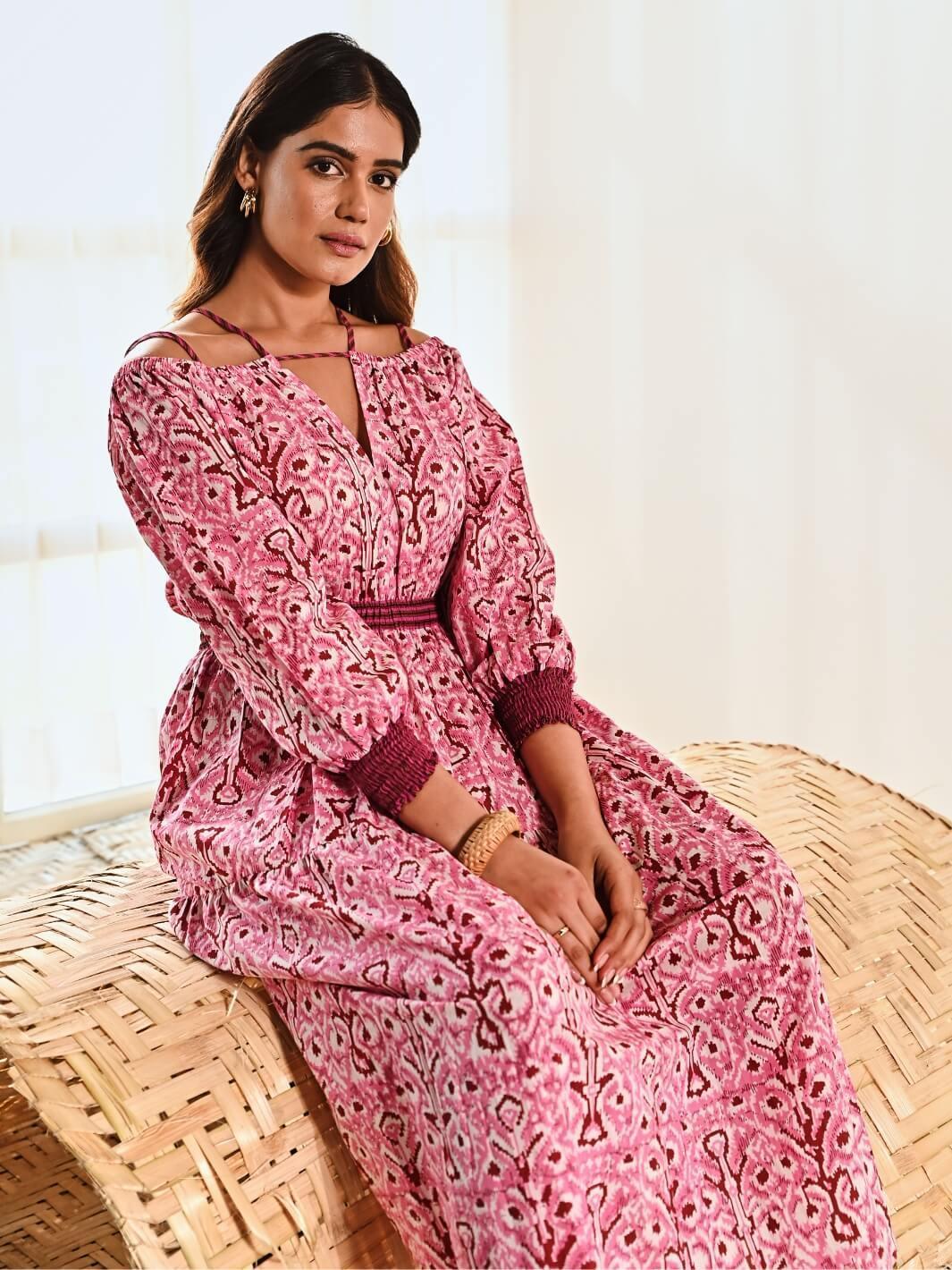 ikat long dress Blue Ikat V-Neck Flutter Sleeve Maxi