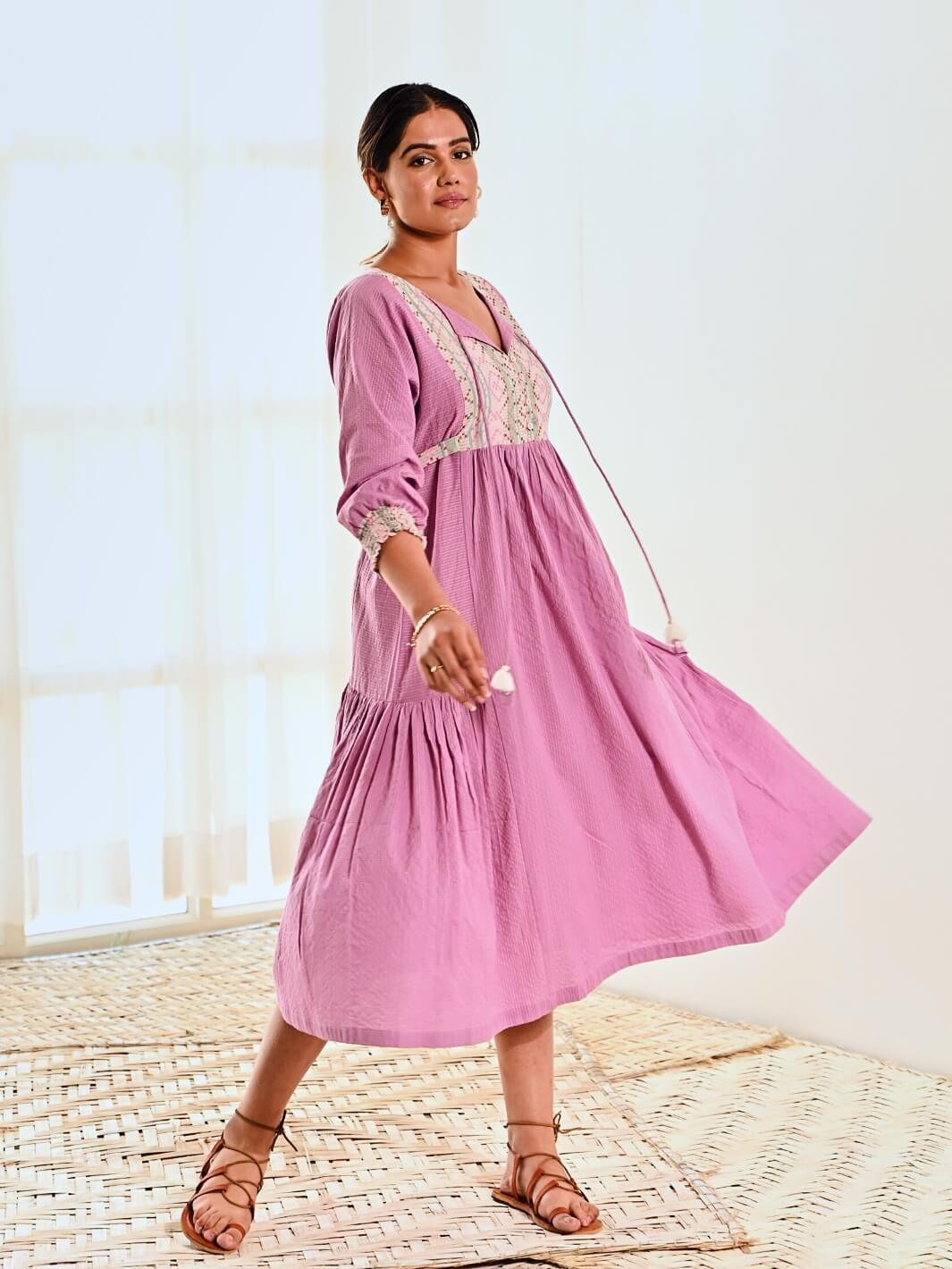 Luna Printed  Long Dress With Tassels Green/Purple With Silver Lurex