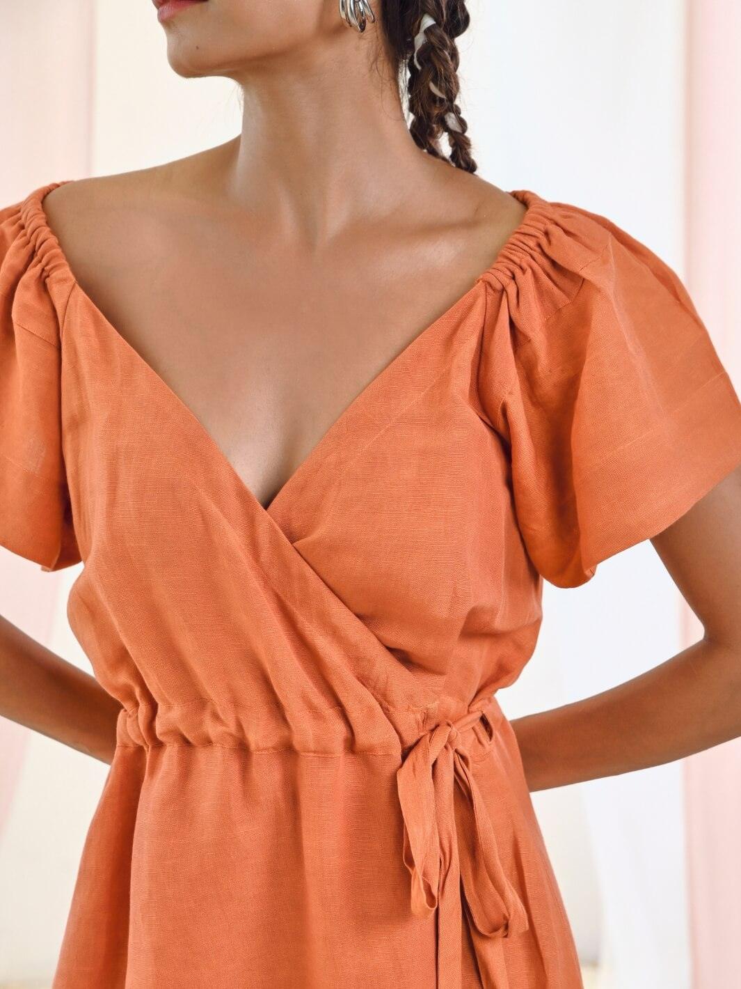 Moontara Rust Orange Aurora Linen Wrap Dress With Short Sleeves Moontara Rust Orange Aurora Linen Wrap Dress With Short Sleeves