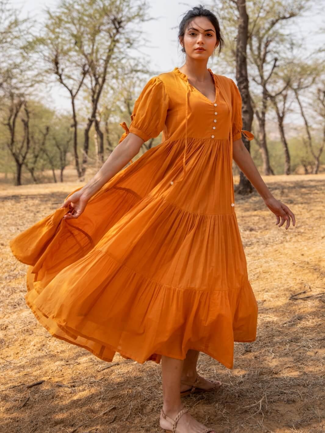 Tangerine Flared Cotton Voile Maxi Dress – MoonTara