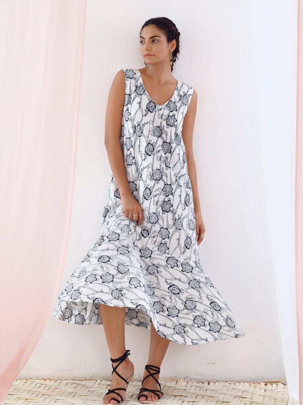 White Printed A-Line Sleeveless Cotton Dress MoonTara White Printed A-Line Sleeveless Cotton Dress MoonTara
