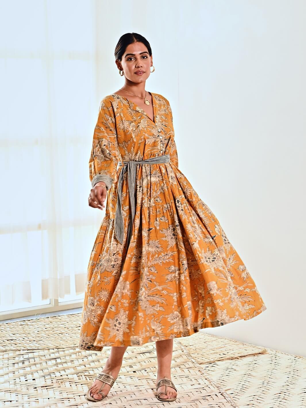 Yellow Cotton Floral Print Maxi Long Dress with Belt