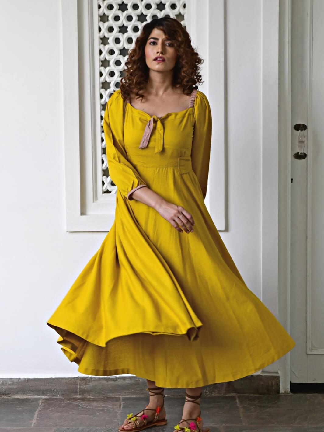 yellow cotton maxi dress Yellow majolica print cotton maxi dress with smocked bodice Ornare Living