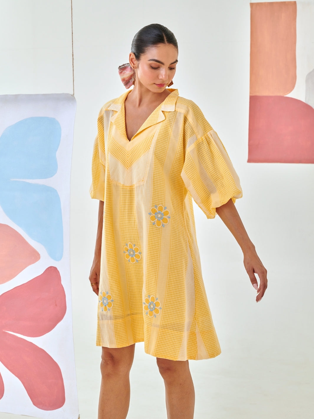 Yellow Check Short Dress With Floral Embroidery Detail