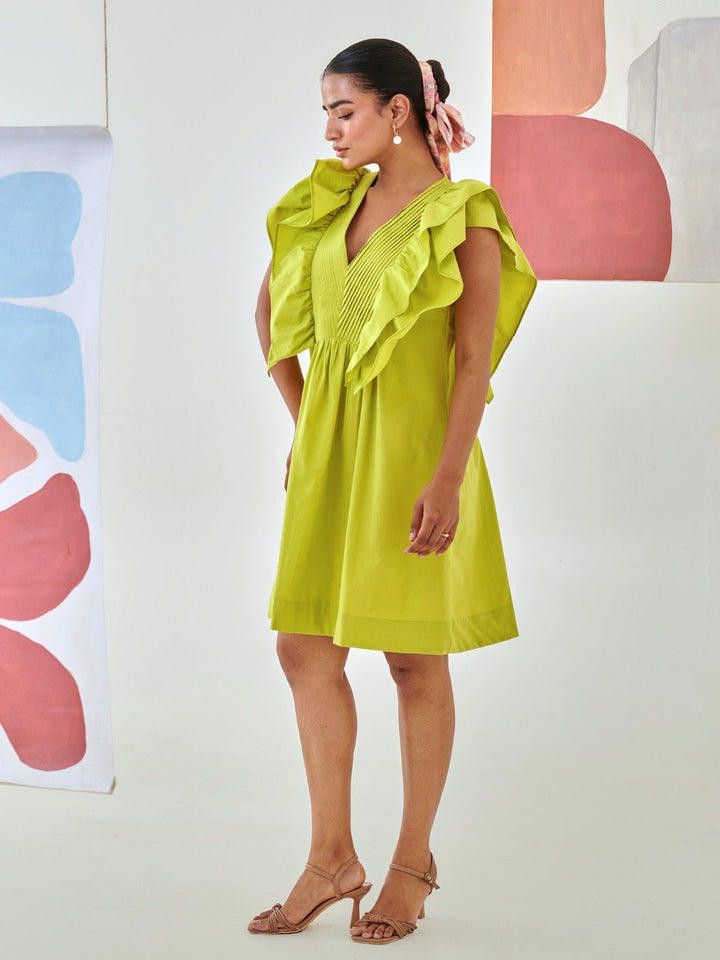 Lemon Short Ruffled Dress With Pin-Tuck Detail