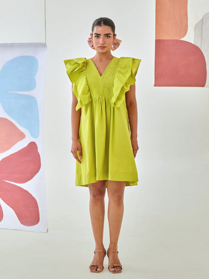 Lemon Short Ruffled Dress With Pin-Tuck Detail