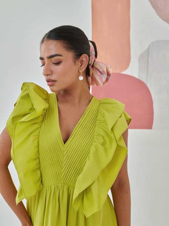 Lemon Short Ruffled Dress With Pin-Tuck Detail
