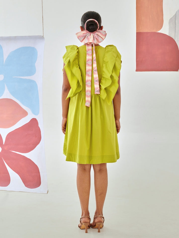 Lemon Short Ruffled Dress With Pin-Tuck Detail