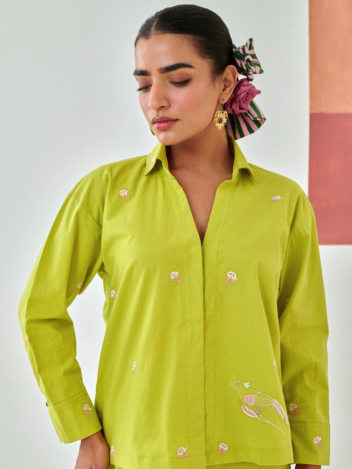 Lemon Co-Ord Set With Floral Embroidery Detail