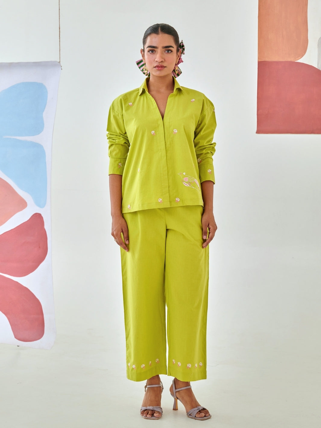 Lemon Co-Ord Set With Floral Embroidery Detail
