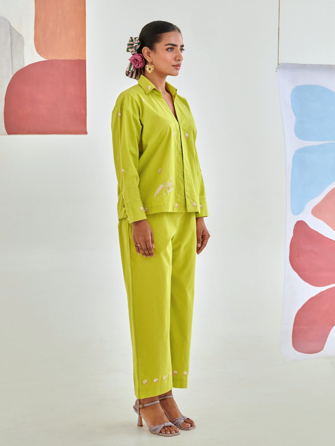 Lemon Co-Ord Set With Floral Embroidery Detail