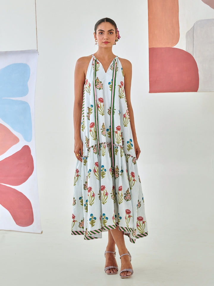 Aqua Floral Print Tie Up Maxi