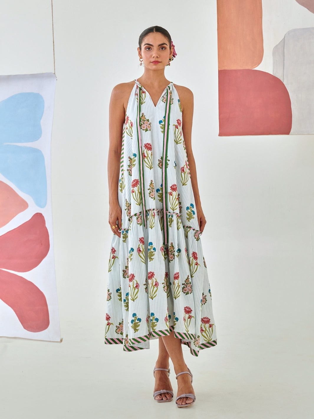 Aqua Floral Print Tie Up Maxi