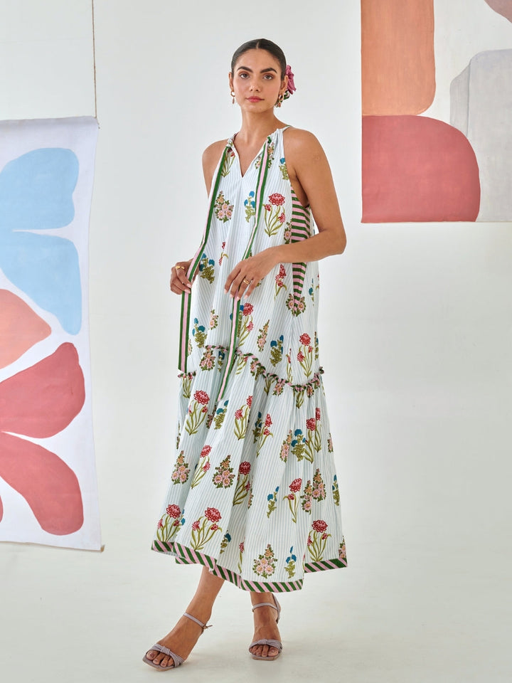 Aqua Floral Print Tie Up Maxi