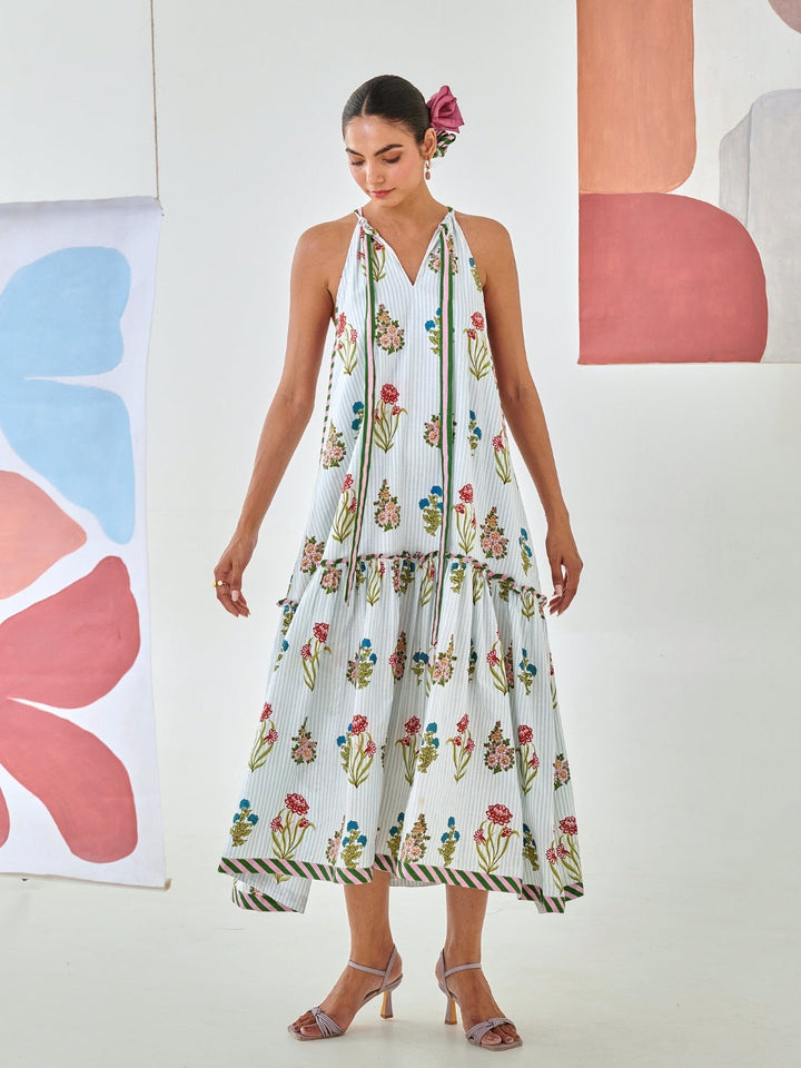 Aqua Floral Print Tie Up Maxi