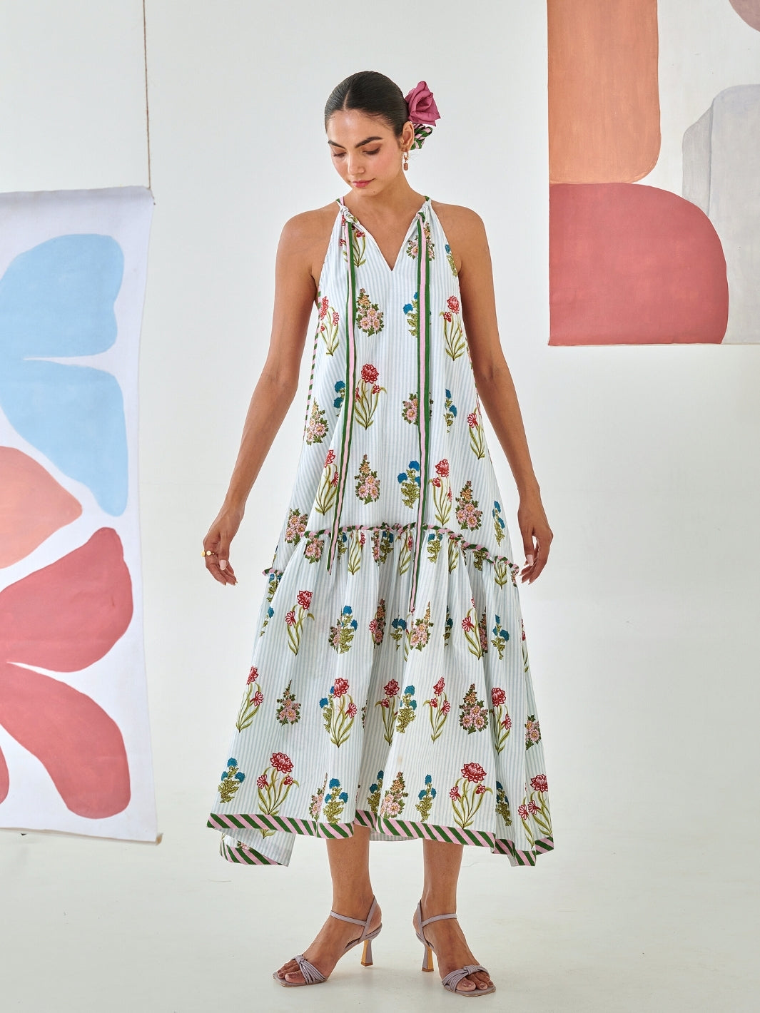 Aqua Floral Print Tie Up Maxi
