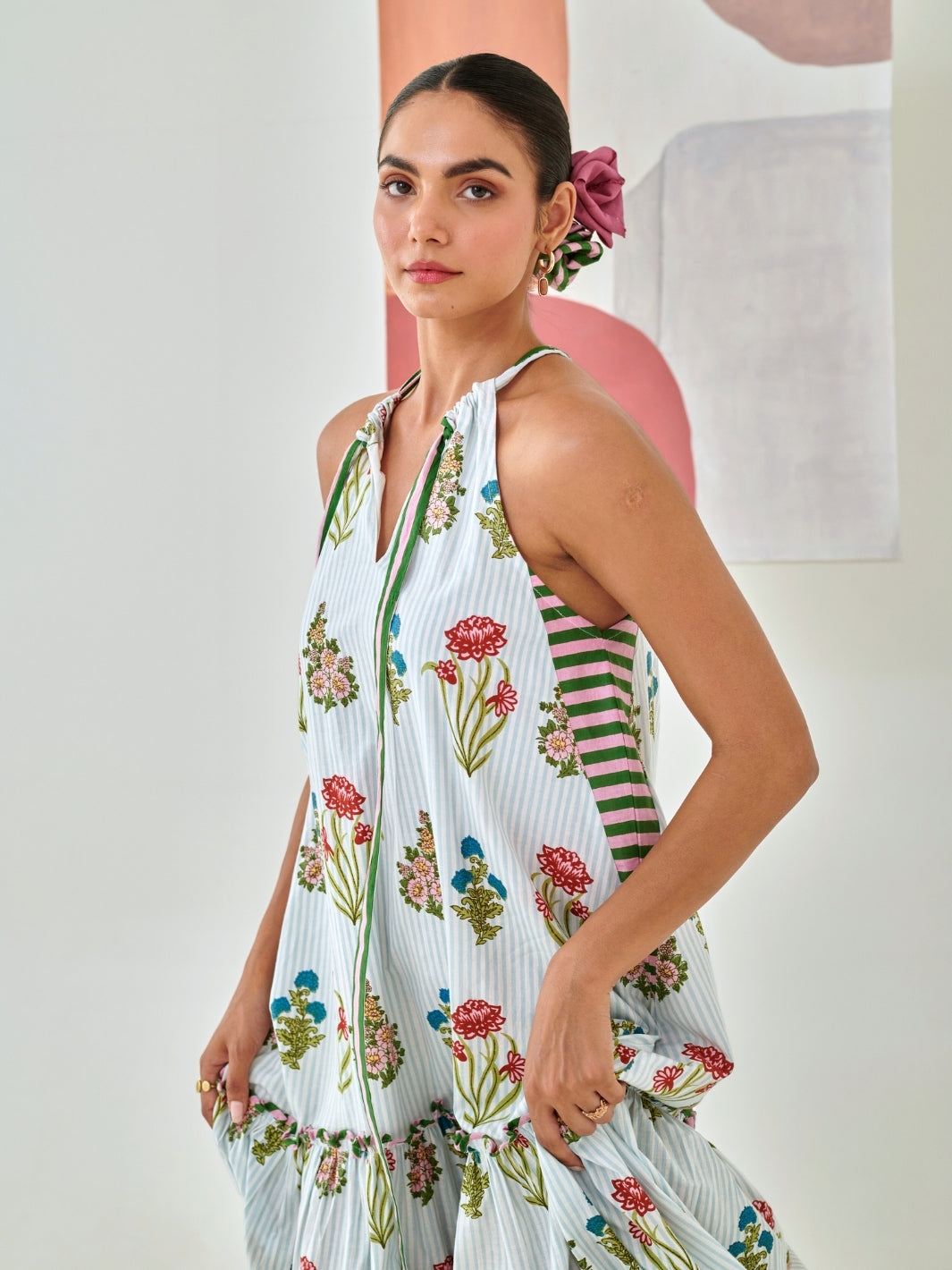 Aqua Floral Print Tie Up Maxi