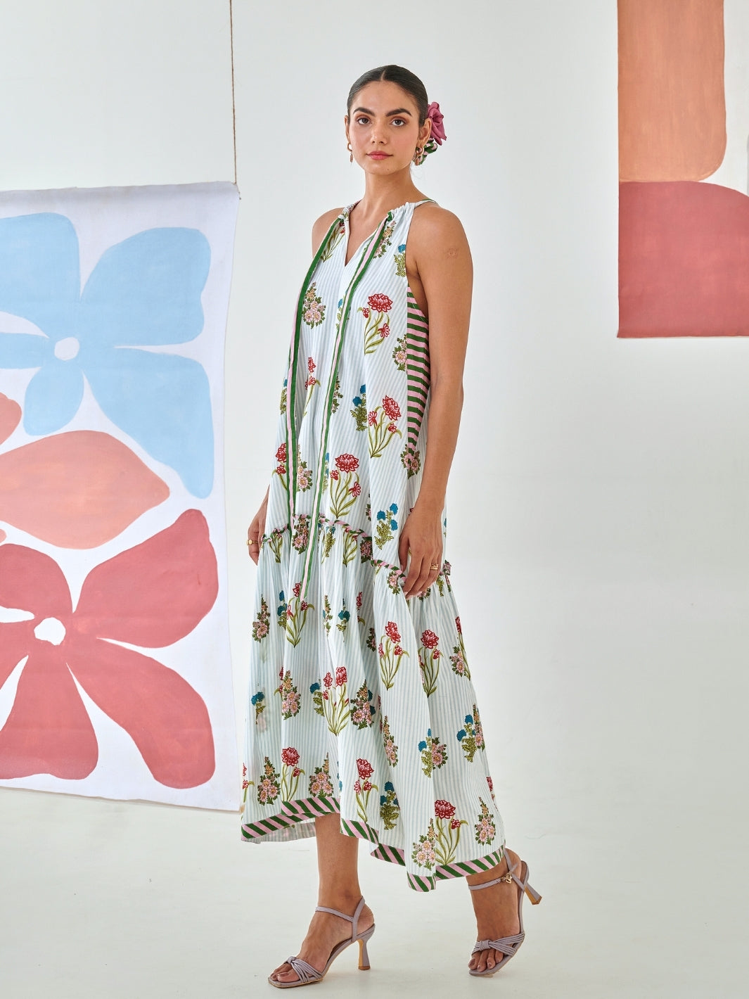 Aqua Floral Print Tie Up Maxi