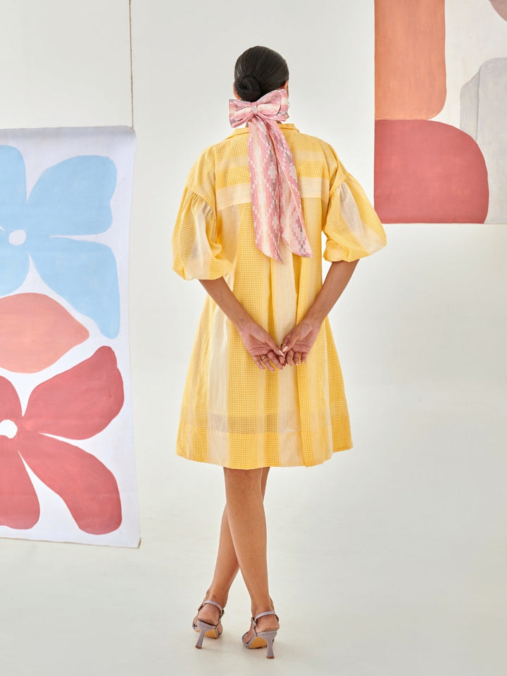 Yellow Check Short Dress With Floral Embroidery Detail