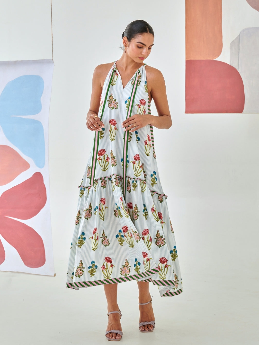 Aqua Floral Print Tie Up Maxi