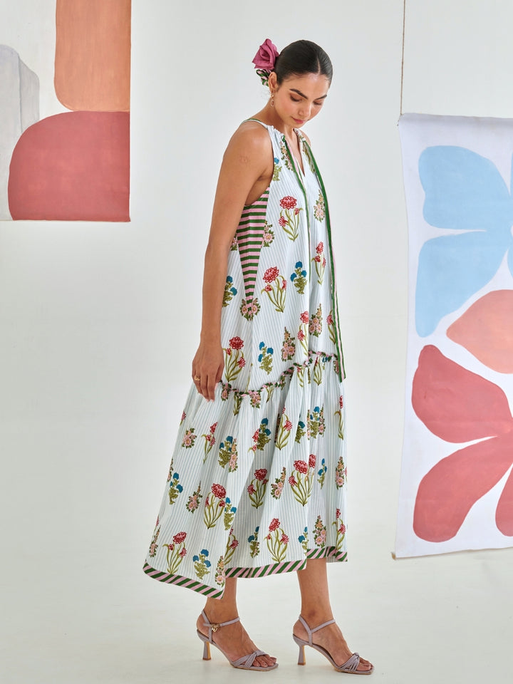 Aqua Floral Print Tie Up Maxi