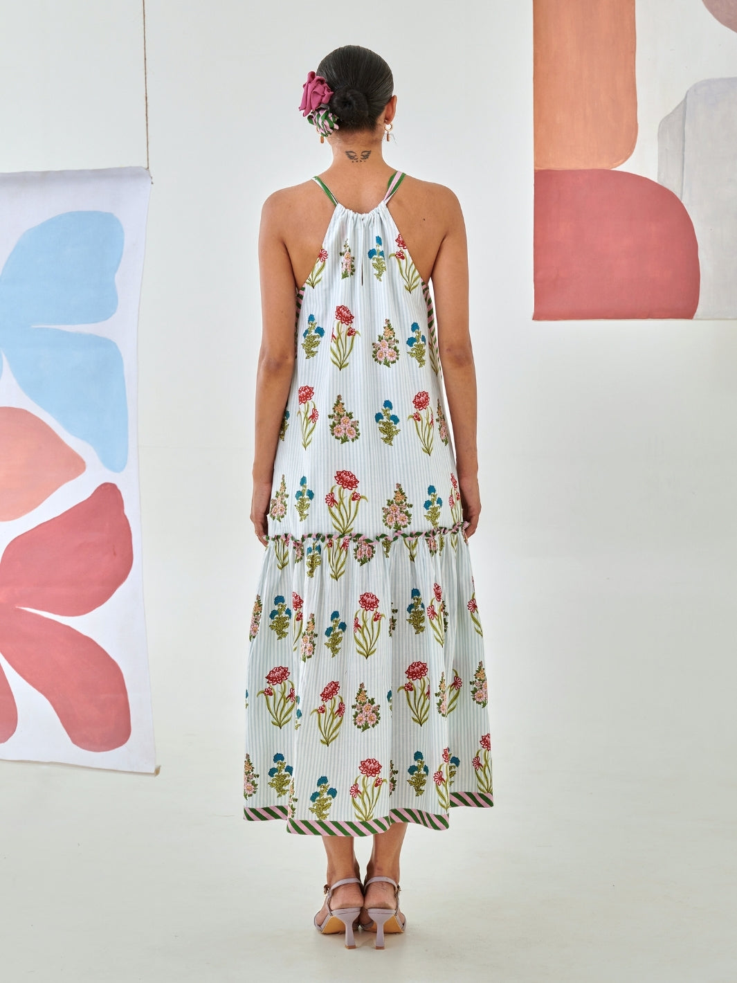 Aqua Floral Print Tie Up Maxi
