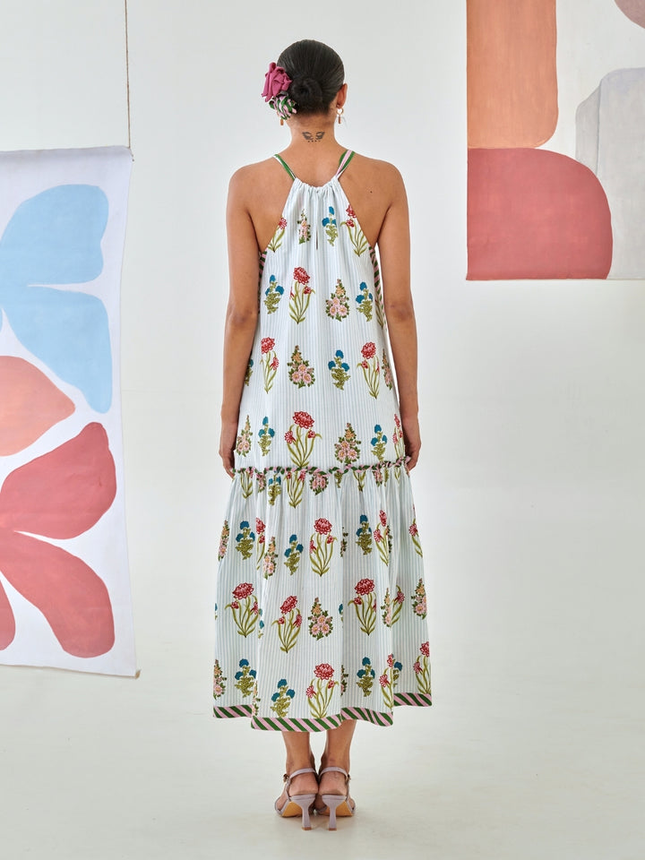 Aqua Floral Print Tie Up Maxi