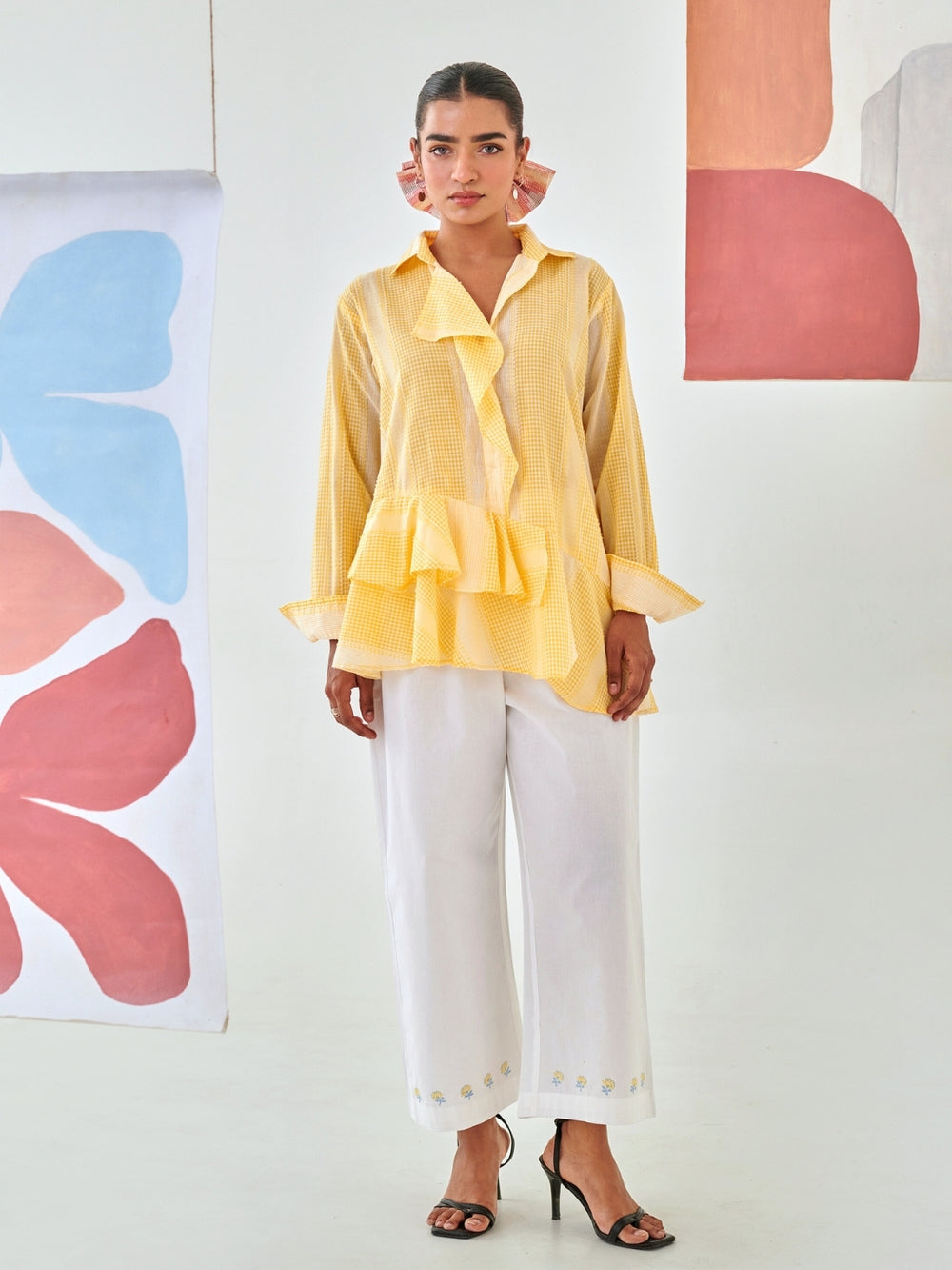 Yellow Check Asymmetric Shirt With Draped Placket