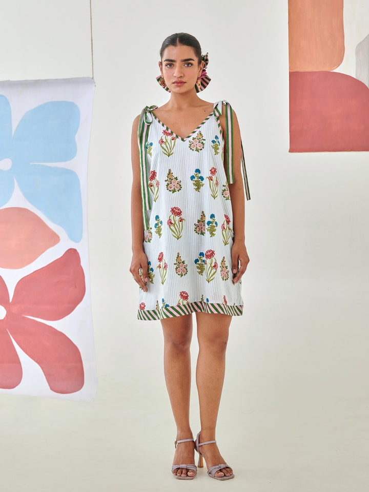 Aqua Floral Printed Short Dress With Tie Up Detail