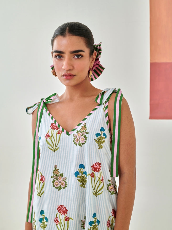 Aqua Floral Printed Short Dress With Tie Up Detail
