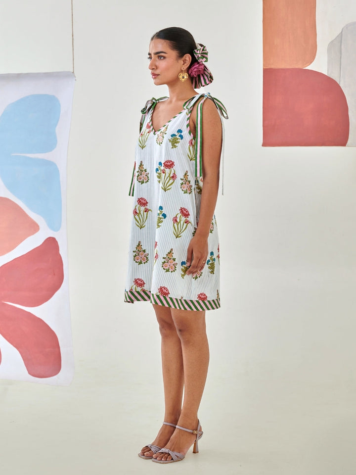 Aqua Floral Printed Short Dress With Tie Up Detail
