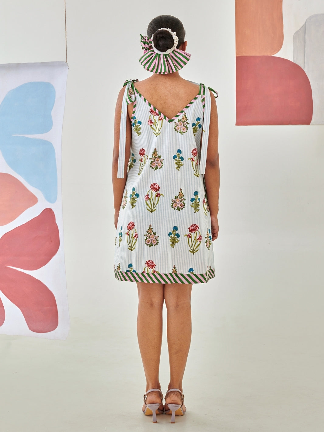 Aqua Floral Printed Short Dress With Tie Up Detail