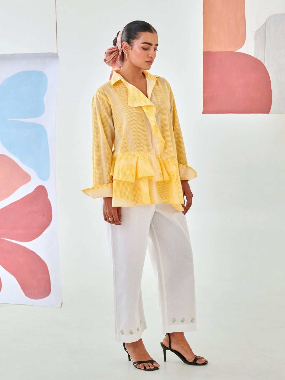 Yellow Check Asymmetric Shirt With White Floral Embroidery Pants