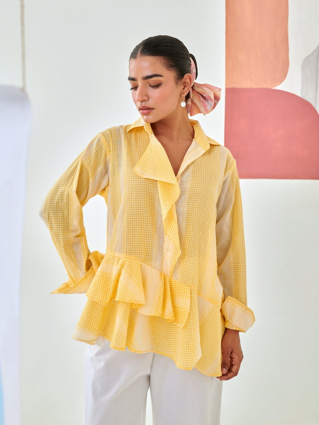 Yellow Check Asymmetric Shirt With Draped Placket