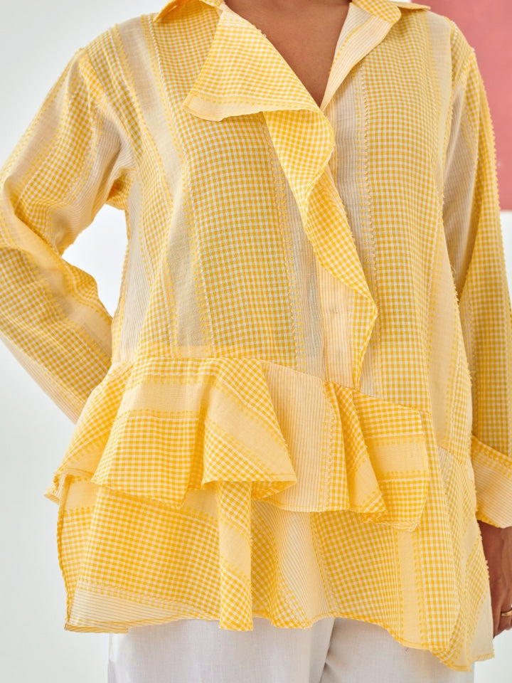 Yellow Check Asymmetric Shirt With White Floral Embroidery Pants